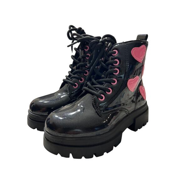 starmerx Girls Ankle Boots Lace Up Combat Boot Side Zipper Size 10 Black Hearts - Picture 1 of 8